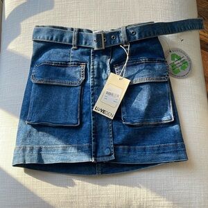 Denim mini skirt.